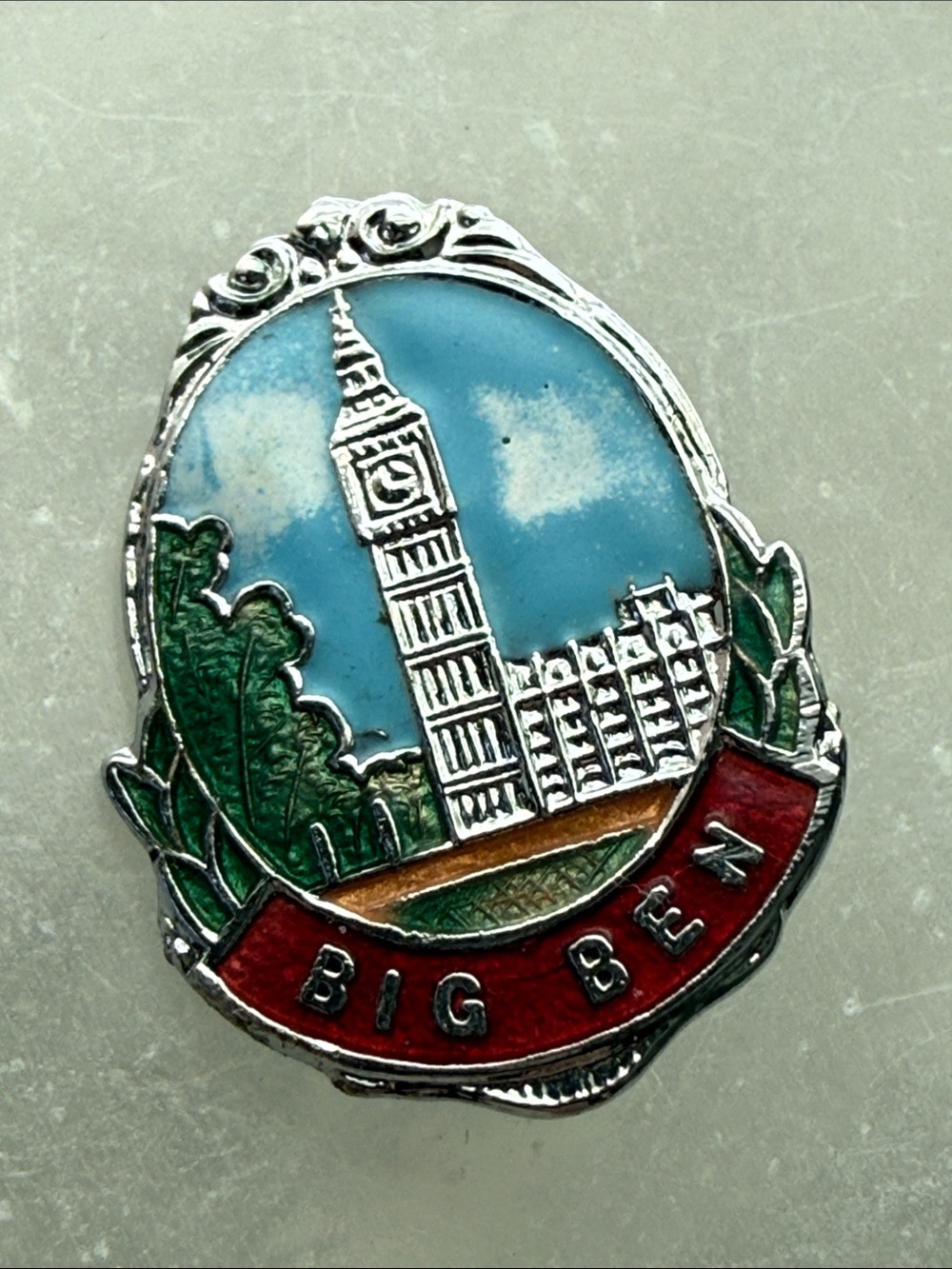 Vintage Big Ben Enamel London Pin - Blue, Green, Red clouds souvenir brooch